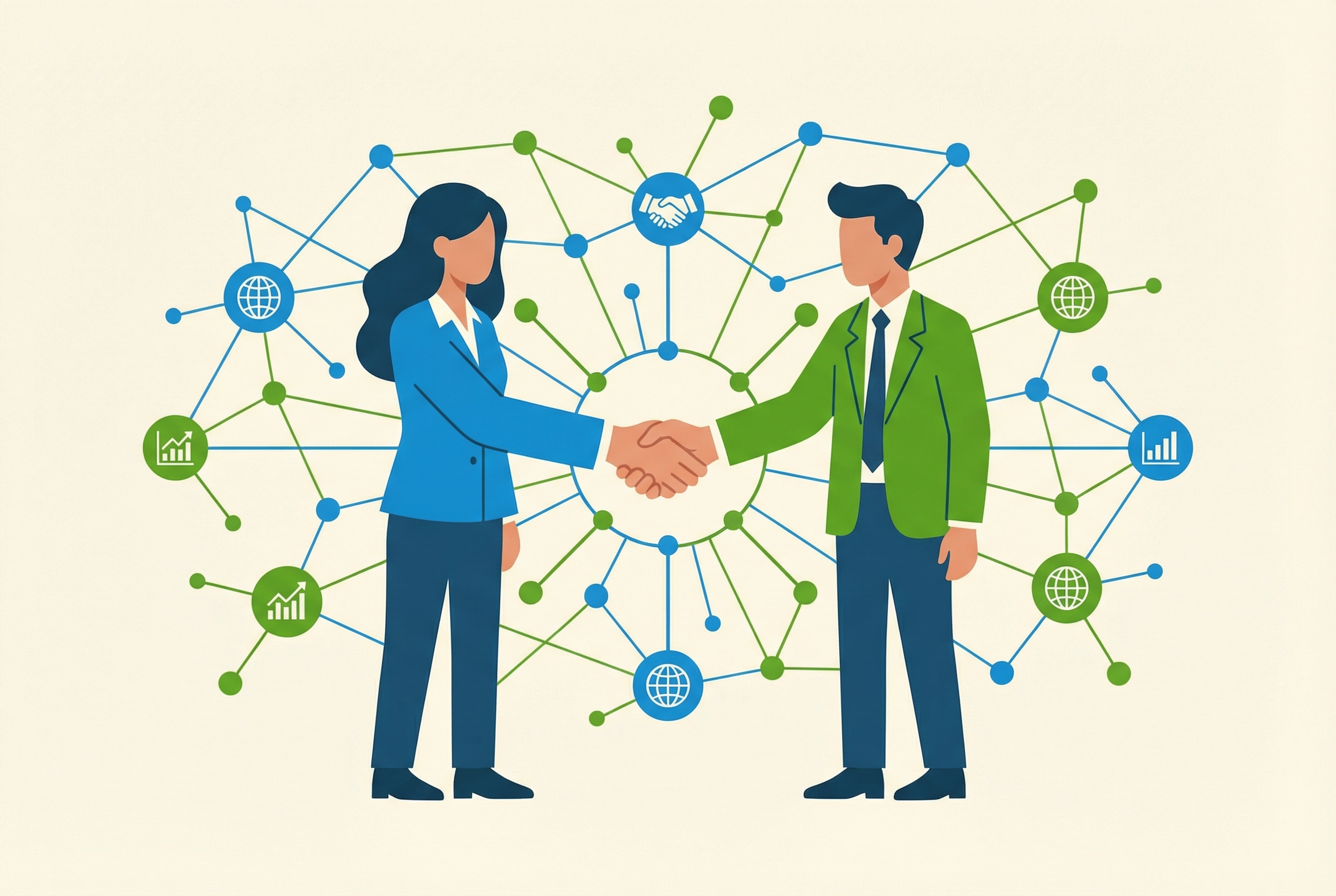 Two professionals shaking hands surrounded by a network of digital connection nodes representing business partnerships
