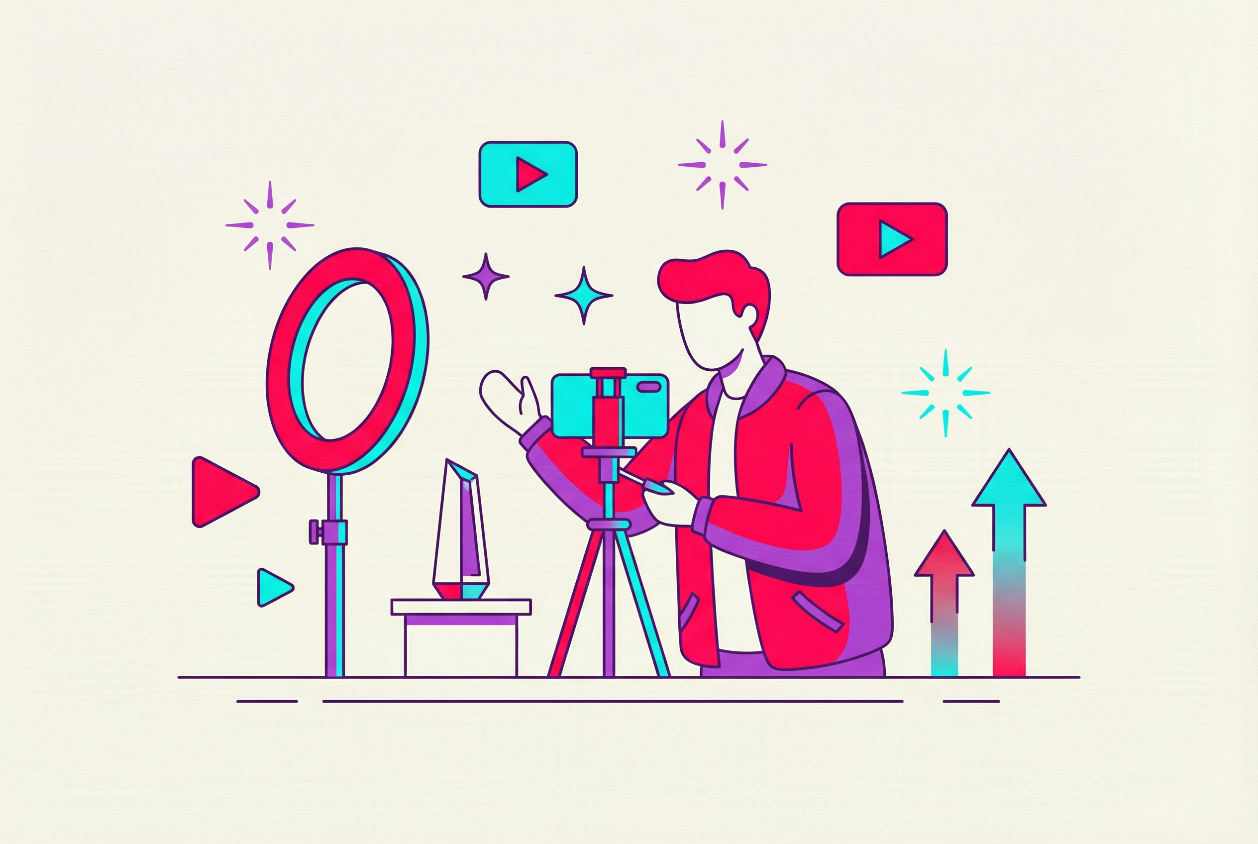 Person filming a product demonstration with a ring light surrounded by play buttons and trending arrows