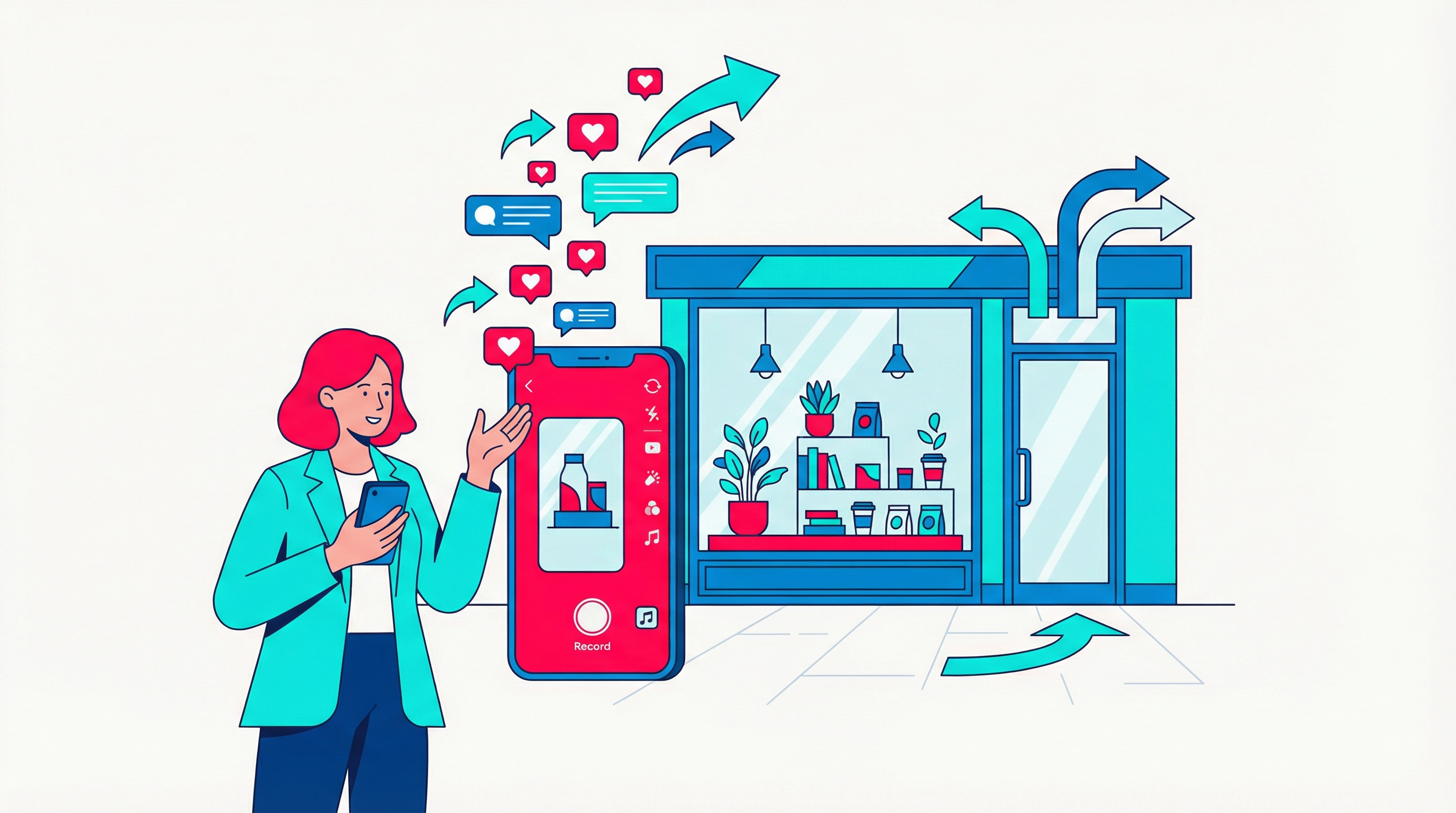 Local business owner creating TikTok content on smartphone with engagement metrics and foot traffic flowing into storefront